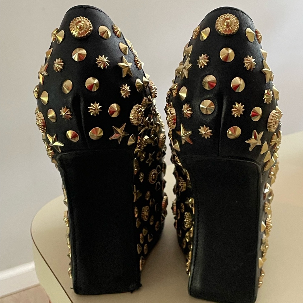 Jeffrey Campbell Black Leather Studded Platform Loafers with Gold Embellishments - Picture 2 of 6